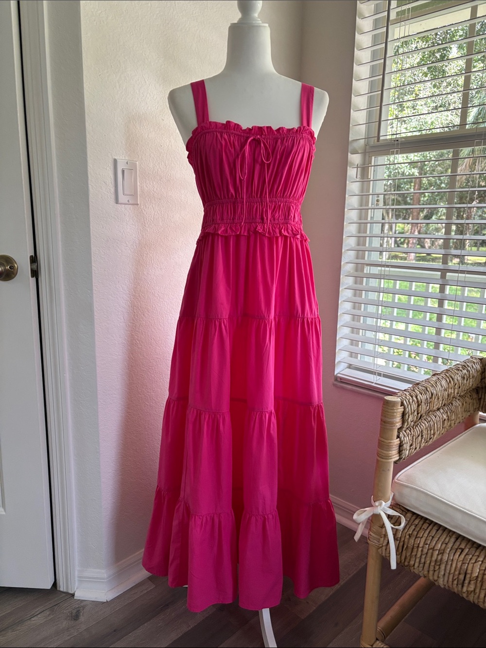 J. Crew Vibrant Pink Smocked Tiered Maxi Dress